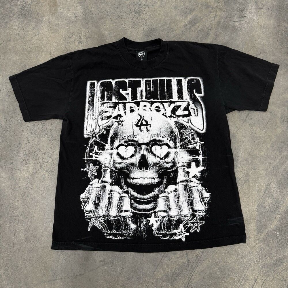 SAD BOYZ Shirt Mens Black Junior H X Lost Hills Skull Hearts Sided Size L